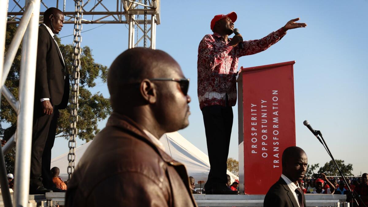 Movement for Democratic Change leader and presidential candidate Nelson Chamisa speaks during a rally on July 26, 2018, in Chitungwiza, Zimbabwe.