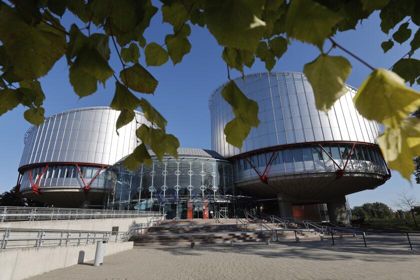 FILE - View of the European Court of Human Rights in Strasbourg, eastern France, on Sept. 27, 2023. Europe’s highest human rights court will rule Tuesday April 9, 2024 on a group of landmark climate change cases aimed at forcing countries to meet international obligations to reduce greenhouse gas emissions. (AP Photo/Jean-Francois Badias, File)