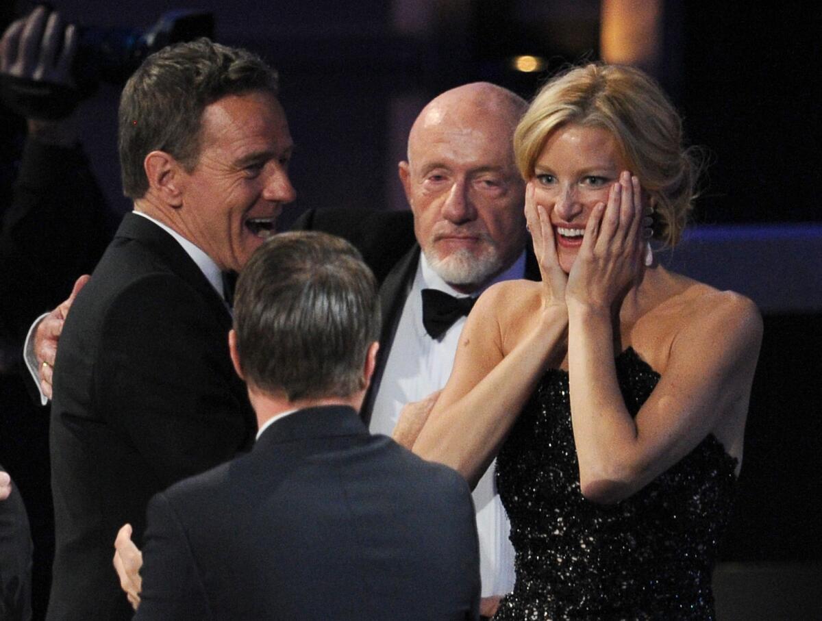 From left, "Breaking Bad" cast members Bryan Cranston, Aaron Paul, Jonathan Banks and Anna Gunn appear on stage during Sunday night's Emmy Awards.