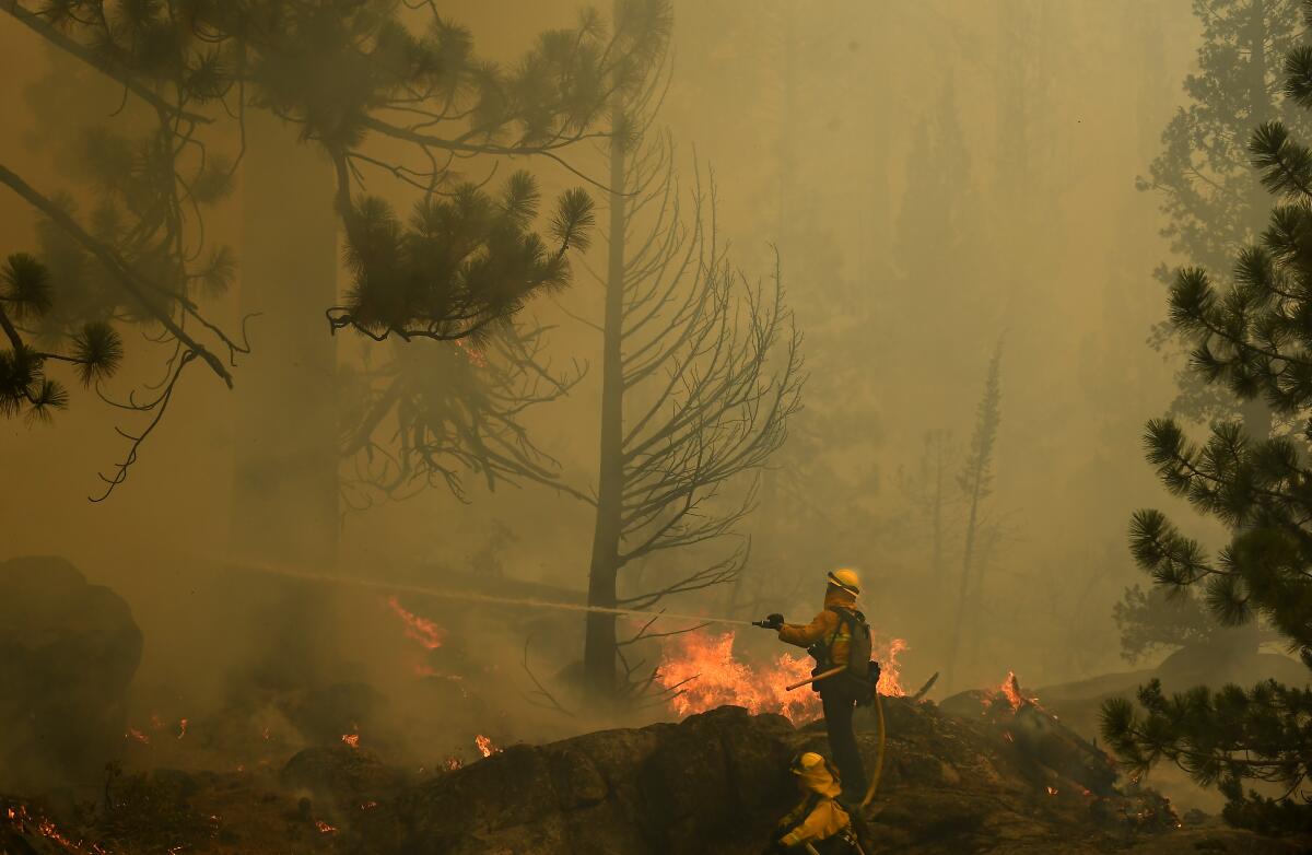 A firefighter, amid thick smoke, sprays water as flames burn nearby.