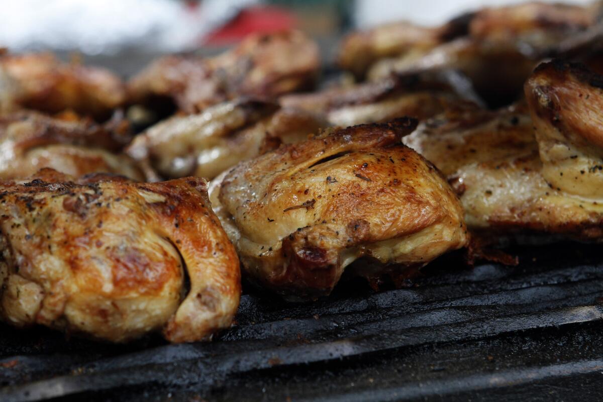 BBQ half chickens at Handy market in Burbank on Saturday, Feb. 15, 2014. The market sells BBQ beef, pork, chicken, turkey legs and sausages only on Saturdays.