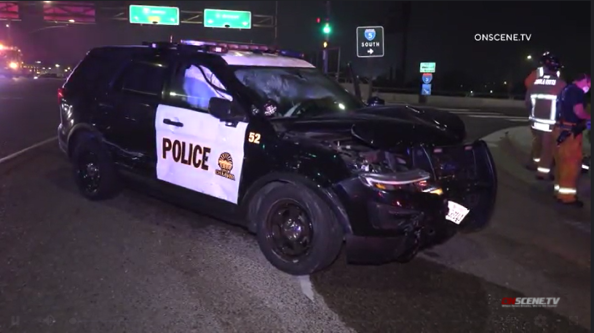 A Chula Vista police SUV was one of three vehicles involved in a crash at I-5 and H Street on Sept. 12, 2020.