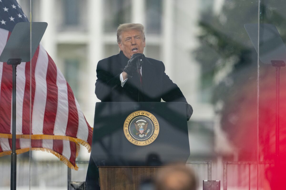 In this jan. 6, 2021, photo, President Donald Trump speaks during a rally protesting the electoral college certification of Joe Biden as President in Washington. The former president has canceled a news conference he had planned to hold in Florida on the anniversary of the Jan. 6 attack on the Capitol by his supporters. Trump said in a statement on Jan. 4, 2022, that he would instead be discussing his grievances at a rally he has planned in Arizona later this month. (AP Photo/Evan Vucci)