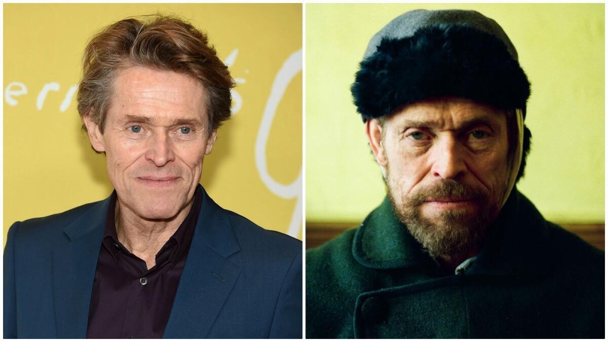 Willem Dafoe en la alfombra roja, a la izquierda y en “At Eternity’s Gate”.