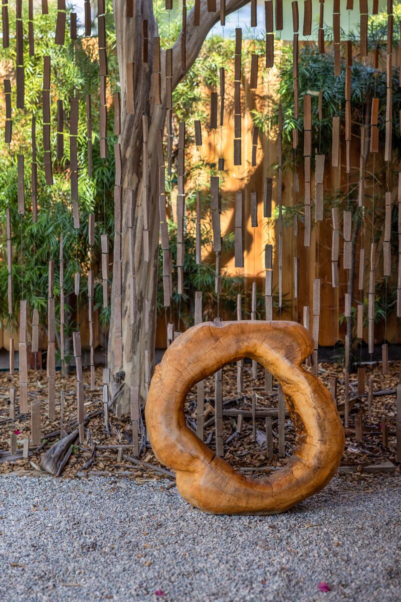 A carved wooden ring outdoors next to a tree
