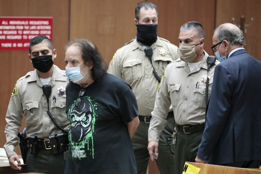 Los Angeles, CA, Tuesday, June 23, 2020 - Adult film star Ron Jeremy is charged with sexually assaulting four women in Dept. 30 at LA Superior Court. Attorney Stuart Goldfarb is at right. (POOL PHOTO/ Robert Gauthier / Los Angeles Times)