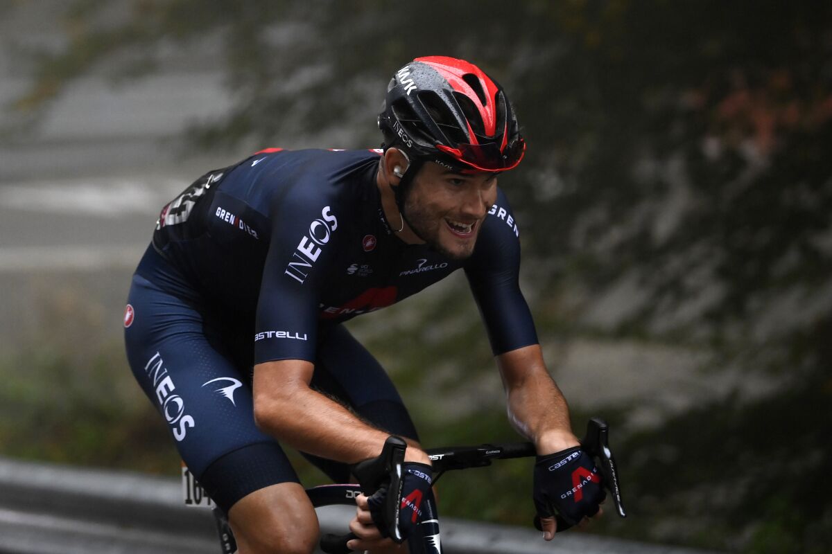 Filippo Ganna pedals on his way to winning the fifth stage of the Giro D'Italia, tour of Italy cycling race, from Mileto to Camigliatello Silano, Italy, Wednesday, Oct. 7, 2020. (Fabio Ferrari/LaPresse via AP)