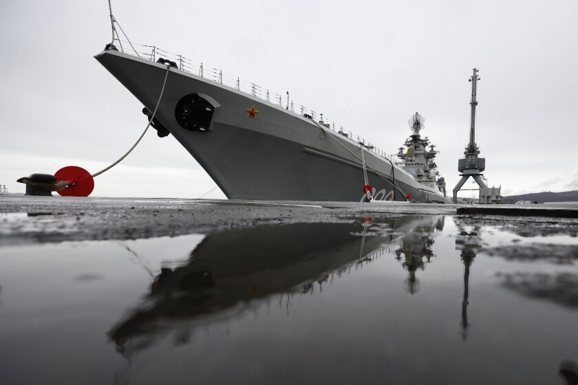 The Northern Fleet's flagship, the Pyotr Veilikiy (Peter the Great) missile cruiser, is seen at its Arctic base of Severomorsk, Russia, Thursday, May 13, 2021. Adm. Alexander Moiseyev, the commander of Russia's Northern Fleet griped Thursday about increased NATO's military activities near the country's borders, describing them as a threat to regional security. (AP Photo/Alexander Zemlianichenko)