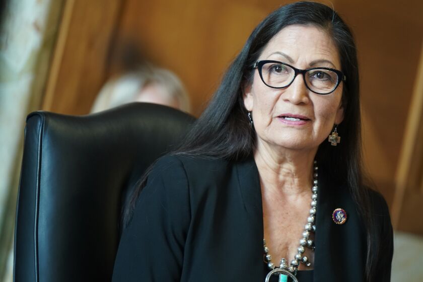 WASHINGTON, DC - FEBRUARY 24: Rep. Debra Haaland (D-NM), President Joe Biden's nominee for Secretary of the Interior, testifies during her confirmation hearing before the Senate Committee on Energy and Natural Resource, at the U.S. Capitol on February 24, 2021 in Washington, DC. Rep. Haaland's opposition to fracking and early endorsement of the Green New Deal has made her one of President Biden's more controversial cabinet nominees. (Photo by Leigh Vogel-Pool/Getty Images)