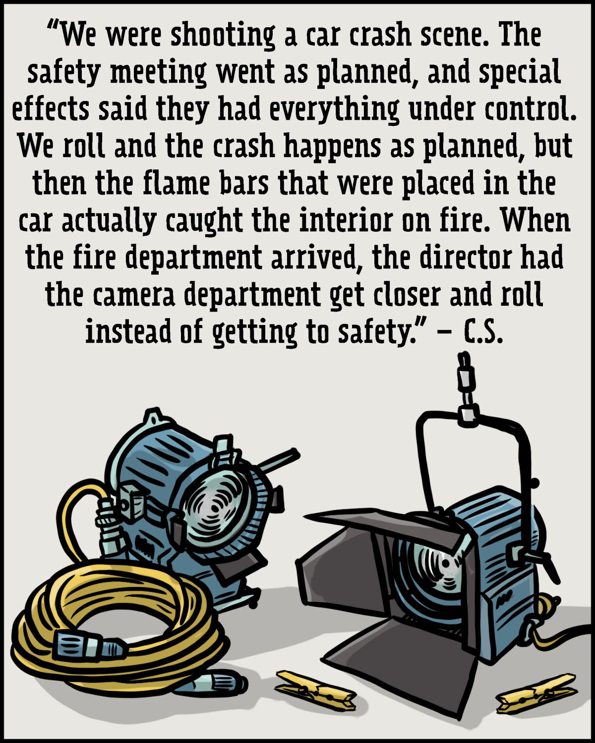 An illustration of spotlights alongside extension cords and clothespins.