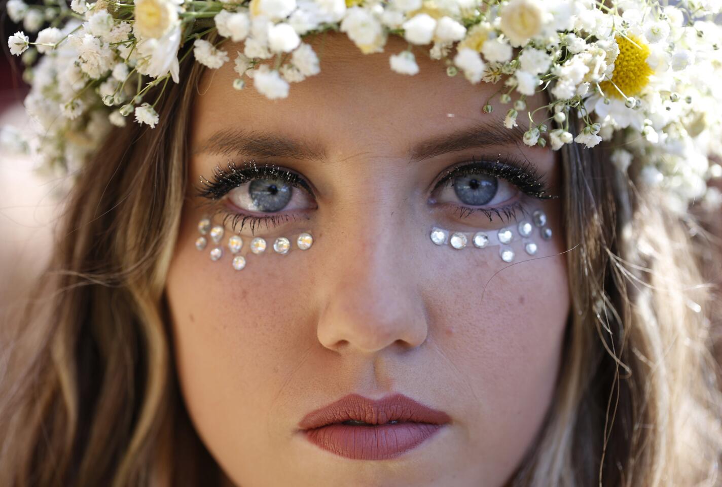 Clarissa Swikard, 18, from San Diego, sports jewels and a flower crown on Day 3 of the Coachella Valley Music and Arts Festival in Indio, 2016.