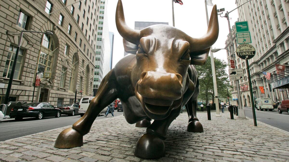 Wall Street's charging bull in lower Manhattan near the New York Stock Exchange.