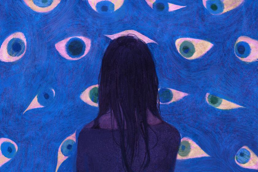 illustration of the back of a woman who's looking at a blue wall of abstract eyes
