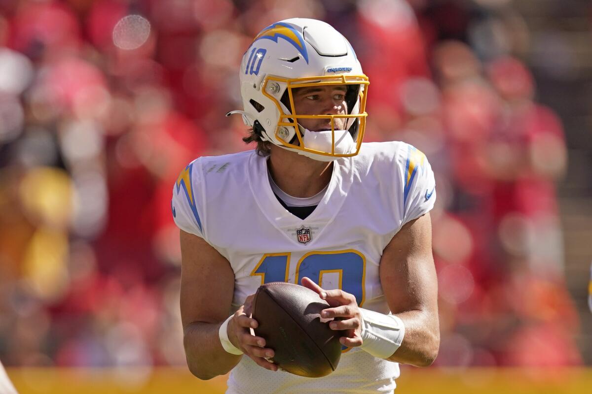 Chargers quarterback Justin Herbert looks to pass against the Kansas City Chiefs on Sept. 26.