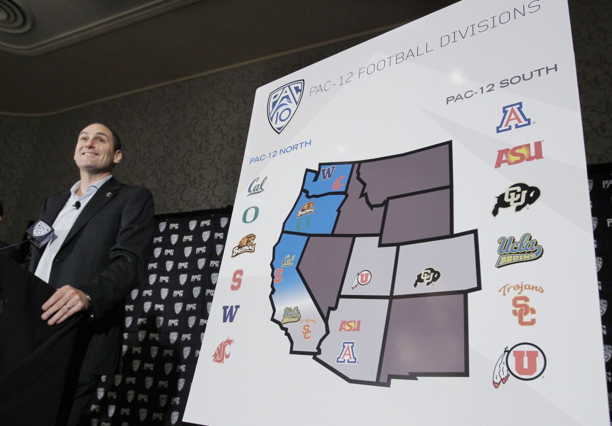 Larry Scott announces the splitting of the Pac-12 Conference into two divisions during a news conference Oct. 21, 2010