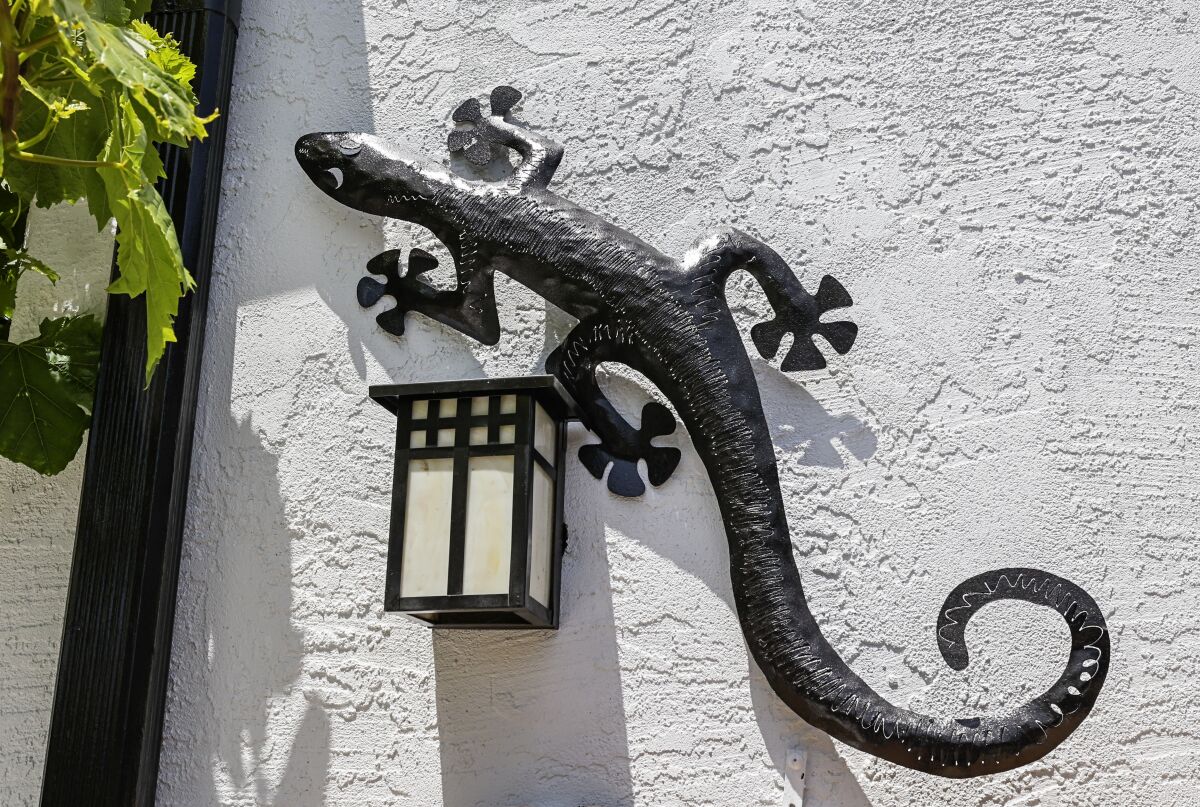 A black metal gecko and light fixture contrast with white paint on a stucco wall.