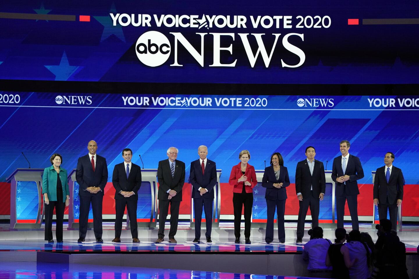 From left, Sen. Amy Klobuchar, Sen. Cory Booker, South Bend Mayor Pete Buttigieg, Sen. Bernie Sanders, former Vice President Joe Biden, Sen. Elizabeth Warren, Sen. Kamala Harris, entrepreneur Andrew Yang, former Texas Rep. Beto O'Rourke and former Housing Secretary Julian Castro.