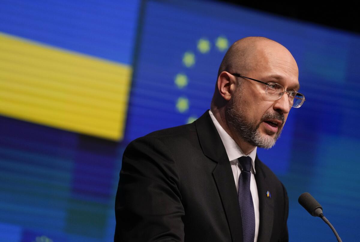 Ukrainian Prime Minister Denys Shmyhal speaks during a media conference at the end of the EU-Ukraine Association Council at the European Council, Brussels on Monday, Sept. 5, 2022. (AP Photo/Virginia Mayo)