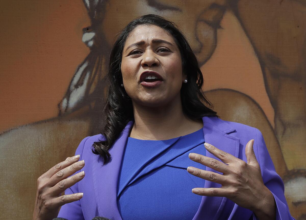 London Breed speaks to reporters in San Francisco in 2018.