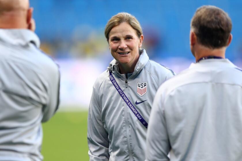 LE HAVRE, FRANCE - JUNE 20: Jill Ellis, Head Coach of USA looks on prior to the 2019 FIFA Women's World Cup France group F match between Sweden and USA at on June 20, 2019 in Le Havre, France. (Photo by Martin Rose/Getty Images) ** OUTS - ELSENT, FPG, CM - OUTS * NM, PH, VA if sourced by CT, LA or MoD **