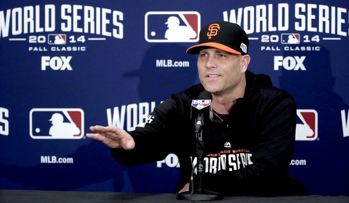 Giants pitcher Tim Hudson, who will make his World Series debut at age 39, fields a question Thursday during a news conference in San Francisco.
