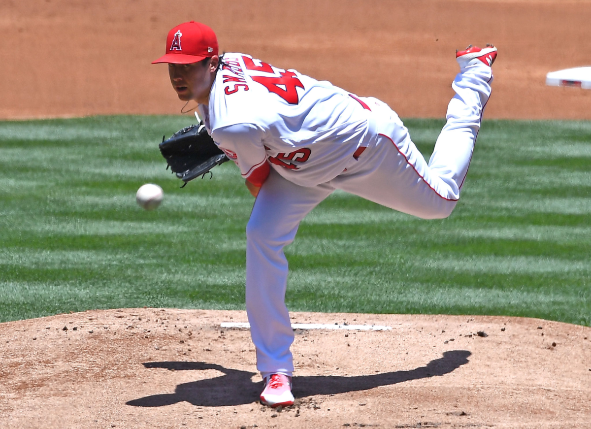 Tyler Skaggs during a game between the Angels and Texas Rangers at Angel Stadium in June 2018.