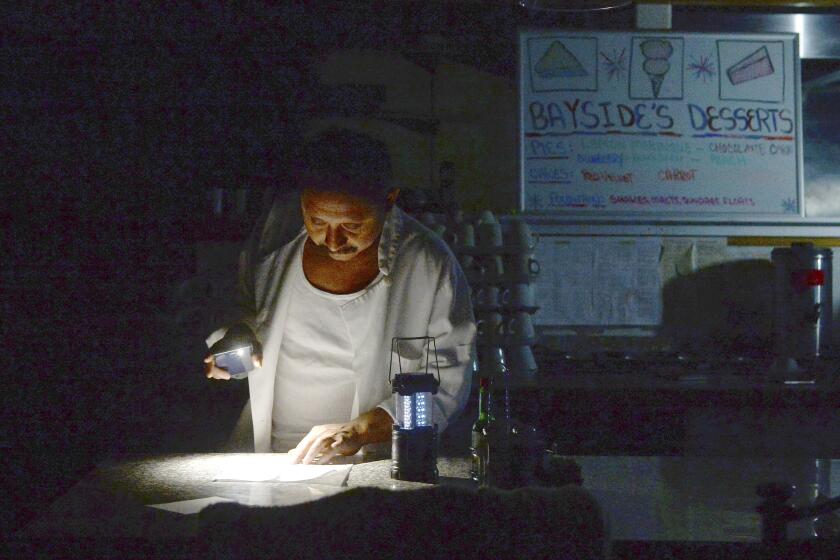 Carlos Lama of Bayside Cafe, which was among businesses to lose power due to PG&E's public safety power shutoff, uses an LED lamp and light from his phone at the counter of the restaurant in Sausalito, Calif., Wednesday, Oct. 9, 2019. More than a million people in California were without electricity Wednesday as the state's largest utility pulled the plug to prevent a repeat of the past two years when windblown power lines sparked deadly wildfires that destroyed thousands of homes. (Alan Dep/Marin Independent Journal via AP)