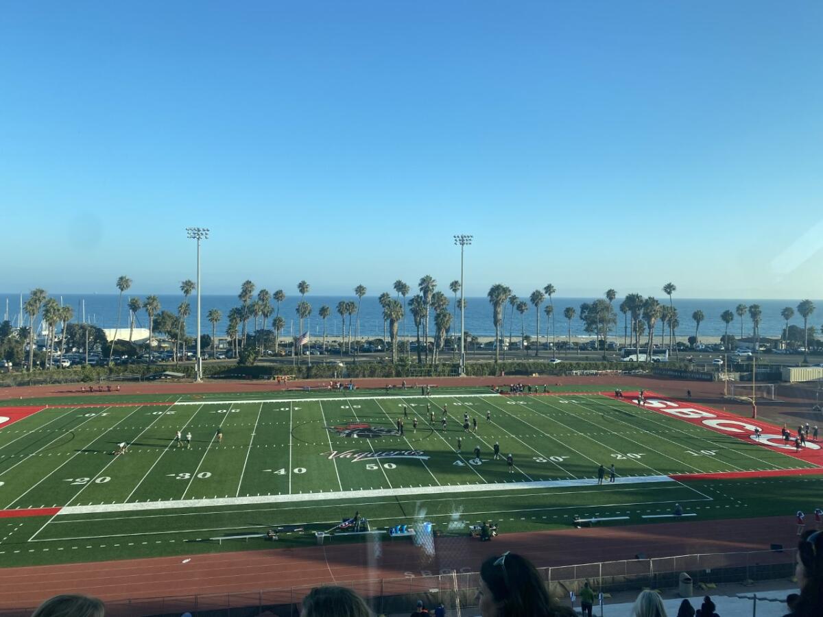 An aerial view of the football field at Santa Barbara City College.