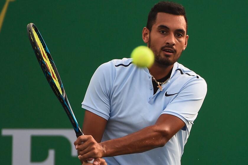 Nick Kyrgios of Australia hits a return during the men's singles against Steve Johnson of America at the Shanghai Masters tennis tournament in Shanghai on October 10, 2017. / AFP PHOTO / CHANDAN KHANNACHANDAN KHANNA/AFP/Getty Images ** OUTS - ELSENT, FPG, CM - OUTS * NM, PH, VA if sourced by CT, LA or MoD **