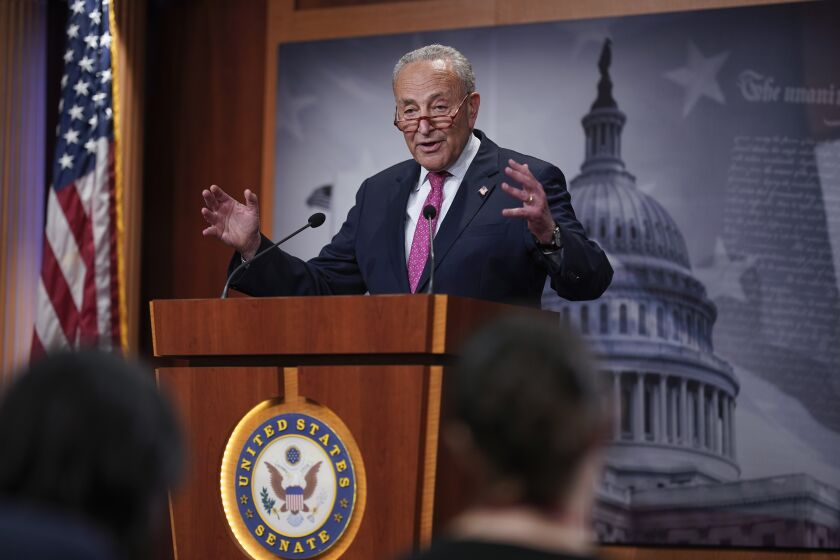 Senate Majority Leader Chuck Schumer, D-N.Y., speaks to reporters after a hectic series of amendment votes and final passage on the big debt ceiling and budget cuts package, at the Capitol in Washington, Thursday, June 1, 2023. The legislation now goes to President Joe Biden's desk to become law before the fast-approaching default deadline. (AP Photo/J. Scott Applewhite)
