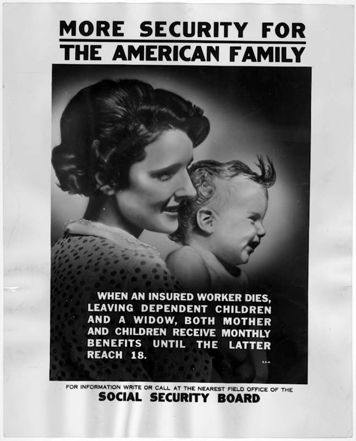A vintage Social Security poster features a mother and child.