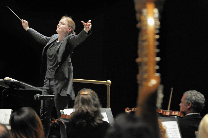 New Zealander Gemma New leads the Long Beach Symphony at the Long Beach Performing Arts Center on March 5, 2016.