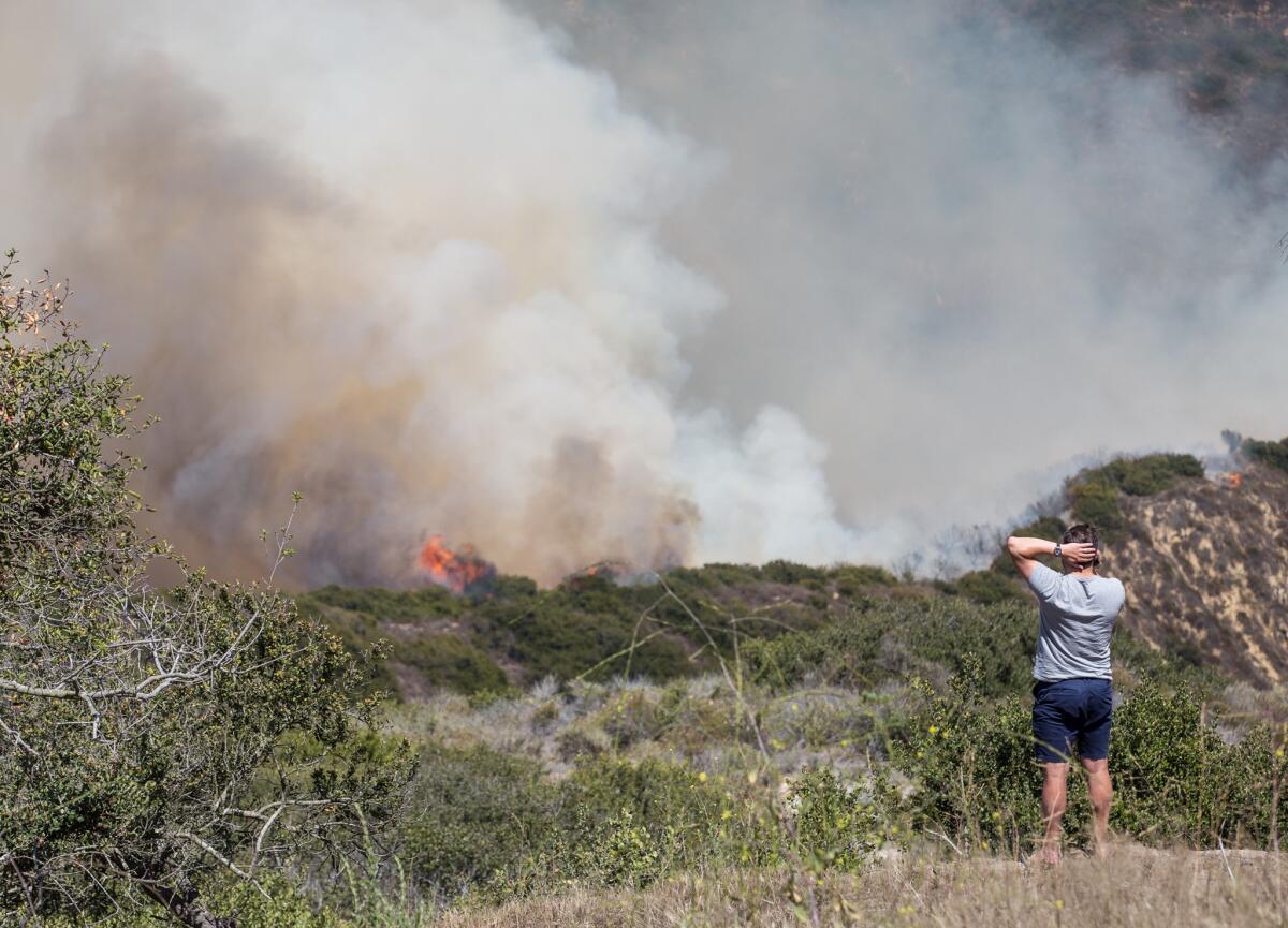 A resident watches a brush fire burning below the Top of the World area of Laguna Beach during the 2018 Aliso fire.