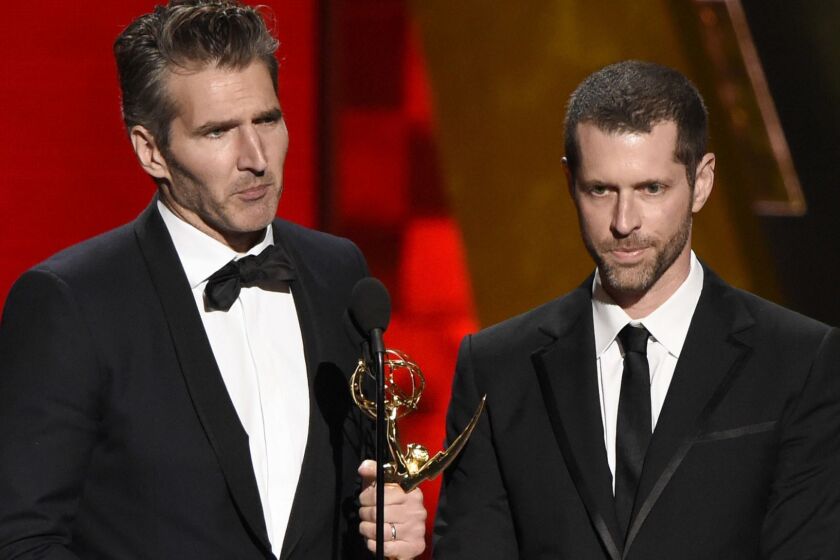 FILE - In this Sept. 20, 2015 file photo, creator-showrunners David Benioff, left, and D.B. Weiss accept the award for outstanding writing for a drama series for "Game Of Thrones" at the 67th Primetime Emmy Awards in Los Angeles. HBOâs announcement, Wednesday, July 19, 2017, that Benioff and Weiss will follow "Game of Thrones" with an HBO series in which slavery remains legal in the modern-day South drew fire on social media from those who fear that a pair of white producers are unfit to tell that story and that telling it will glorify racism. The series, âConfederate,â will take place in an alternate timeline where the southern states have successfully seceded from the Union and formed a nation in which legalized slavery has evolved into a modern institution. (Photo by Chris Pizzello/Invision/AP, File)