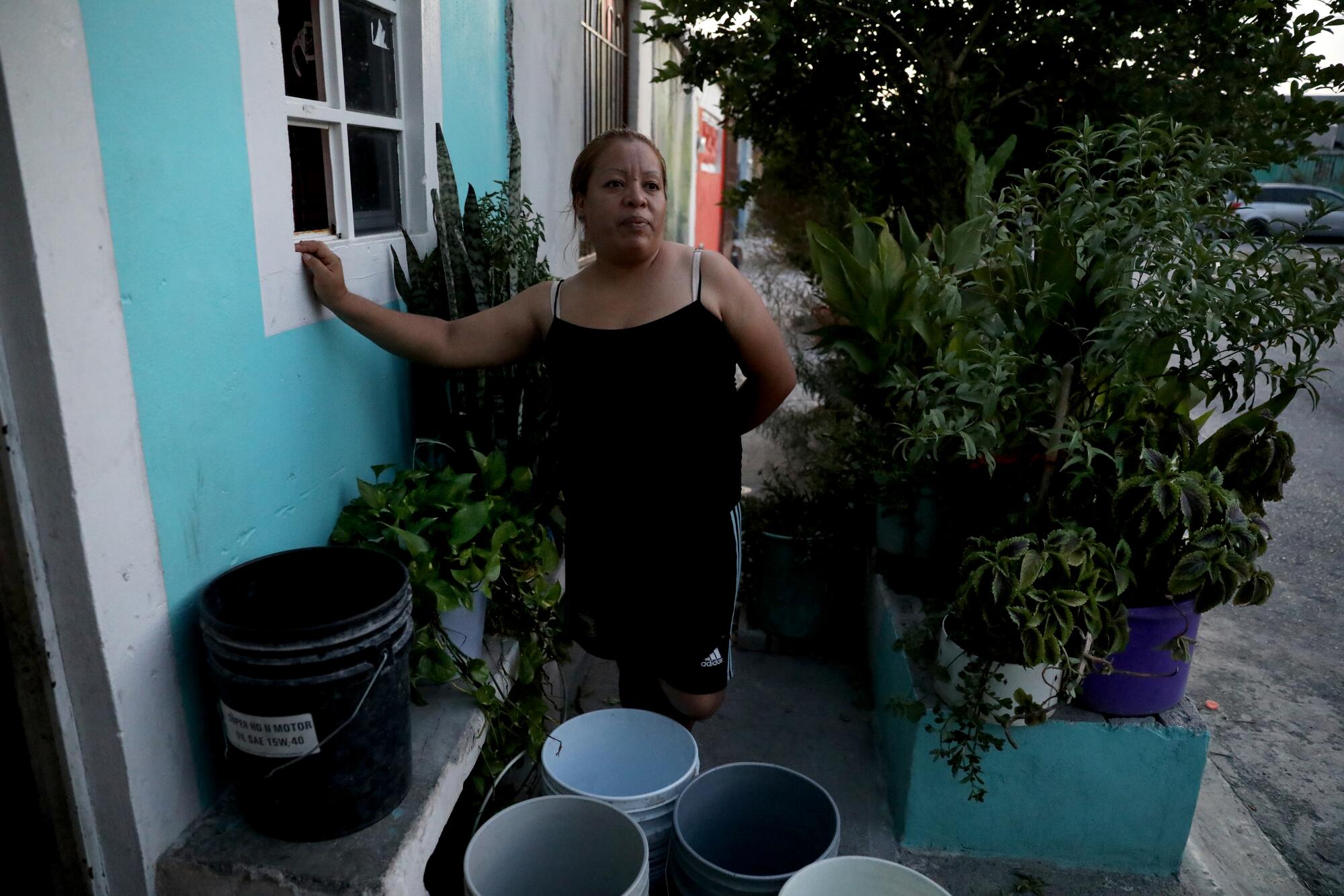 A woman stands in a small garden with several buckets.