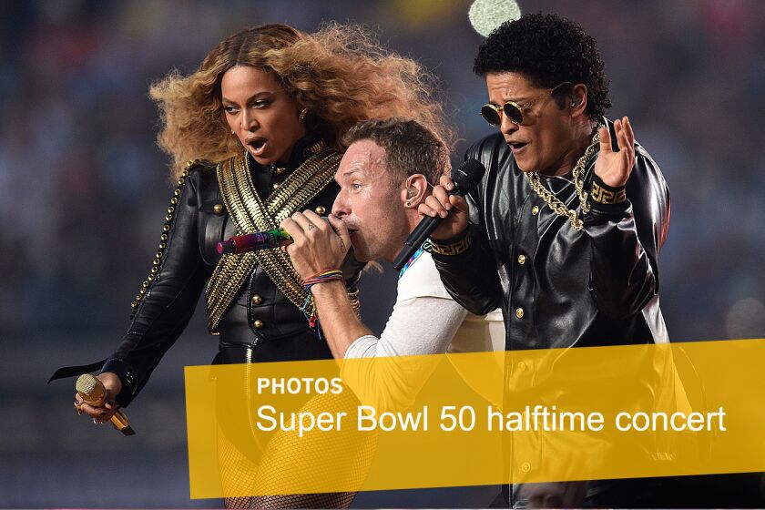 Beyonce, Chris Martin and Bruno Mars perform at Super Bowl 50 in Santa Clara, California.