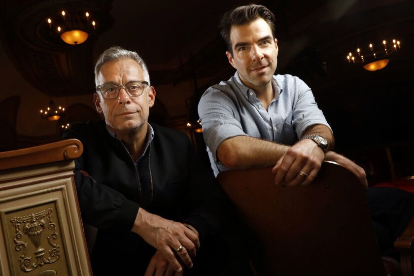 NEW YORK, NEW YORK--JUNE 4, 2018-- Director Joe Mantello and actor Zachary Quinto collaborate on the revival of "The Boys in the Band" at The Boothe Theater on Broadway. Photographed on June 4, 2018. (Carolyn Cole/Los Angeles Times)