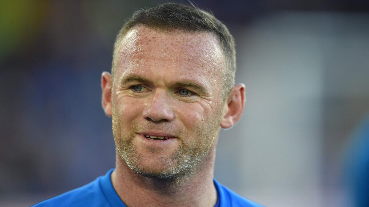 Everton striker Wayne Rooney warms up before a match against Hajduk Split on Aug. 17.
