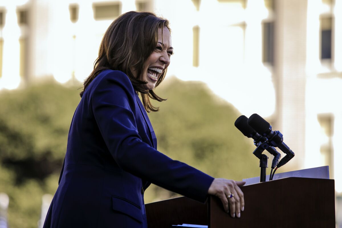 Sen. Kamala Harris on stage to launch her presidential bid at a rally in Oakland