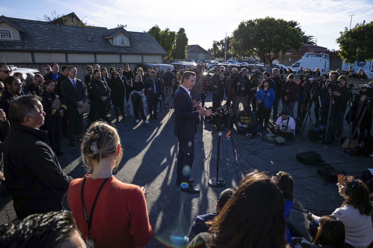 Gov. Gavin Newsom speaks at a gathering in Half Moon Bay, Calif.