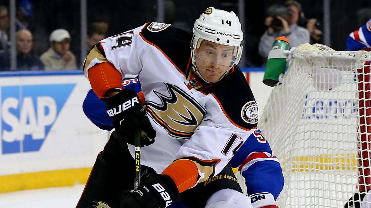 Ducks center Tomas Fleischmann controls the puck during a game against the New York Rangers on March 22.