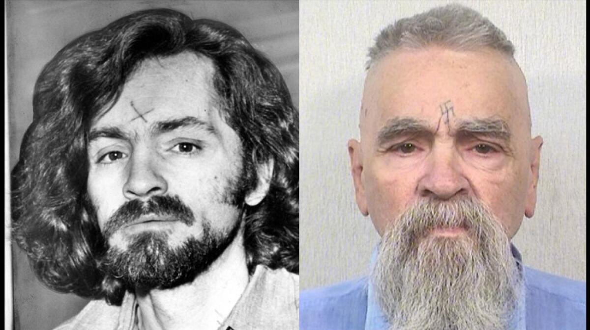Left: Aug. 12, 1970: Charles Manson on way to court for morning session. Photo by John Malmin/Los Angeles Times. Right: A 2014 photo from the California Department of Corrections and Rehabilitation.