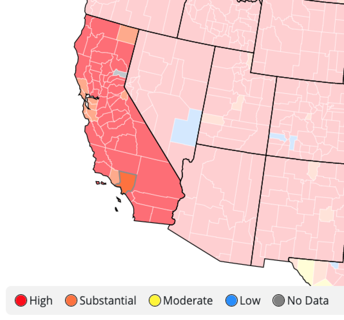 Level of community transmission California counties (Oct. 5, 2021)