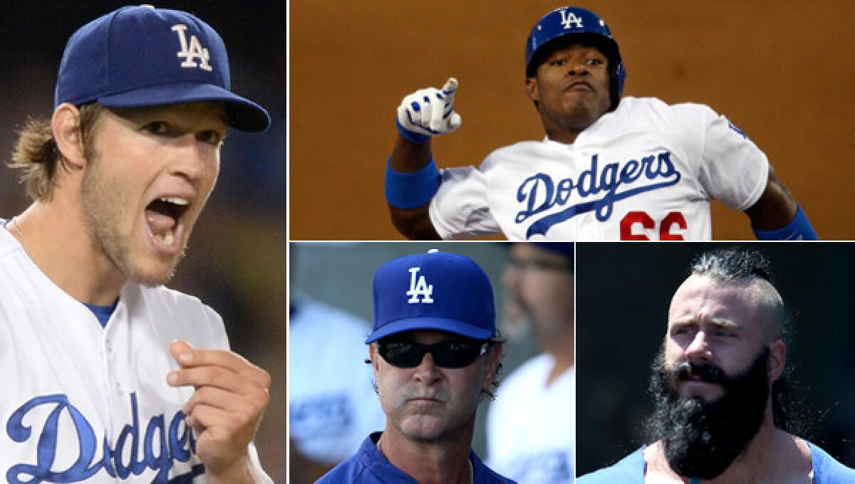 The Dodgers are the odds-on favorite to win the World Series in 2014 thanks to a steady roster which features (clockwise from left) Clayton Kershaw, Yasiel Puig and Brian Wilson. Can Manager Don Mattingly (bottom center) guide the team to its first World Series title since 1988?