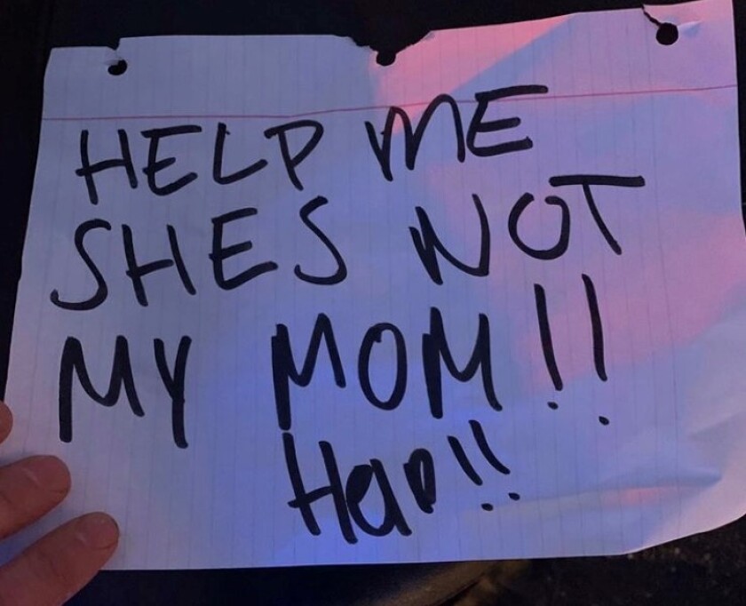 A photograph shows the sign that prompted an emergency traffic stop in Sacramento.