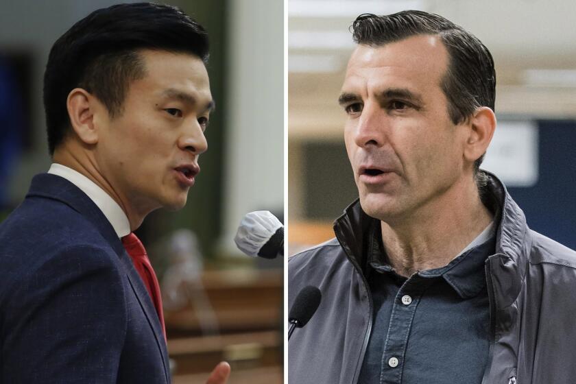 Left: In this June 10, 2020 file photo Democratic Assemblyman Evan Low speaks on the floor of the Assembly at the Capitol in Sacramento, Calif. (AP Photo/Rich Pedroncelli, File) Right: San Jose, Calif., Mayor Sam Liccardo speaks during a news conference in Sunnyvale, Calif., on March 28, 2020. (Beth LaBerge/KQED via AP, Pool, File)