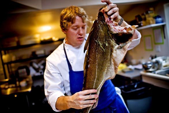 Timothy Hollingsworth, a sous chef at French Laundry in Yountville, Calif., prepares a cod as he trains for the world's premiere cooking competition, the Bocuse d'Or, held in Lyon, France, every two years.