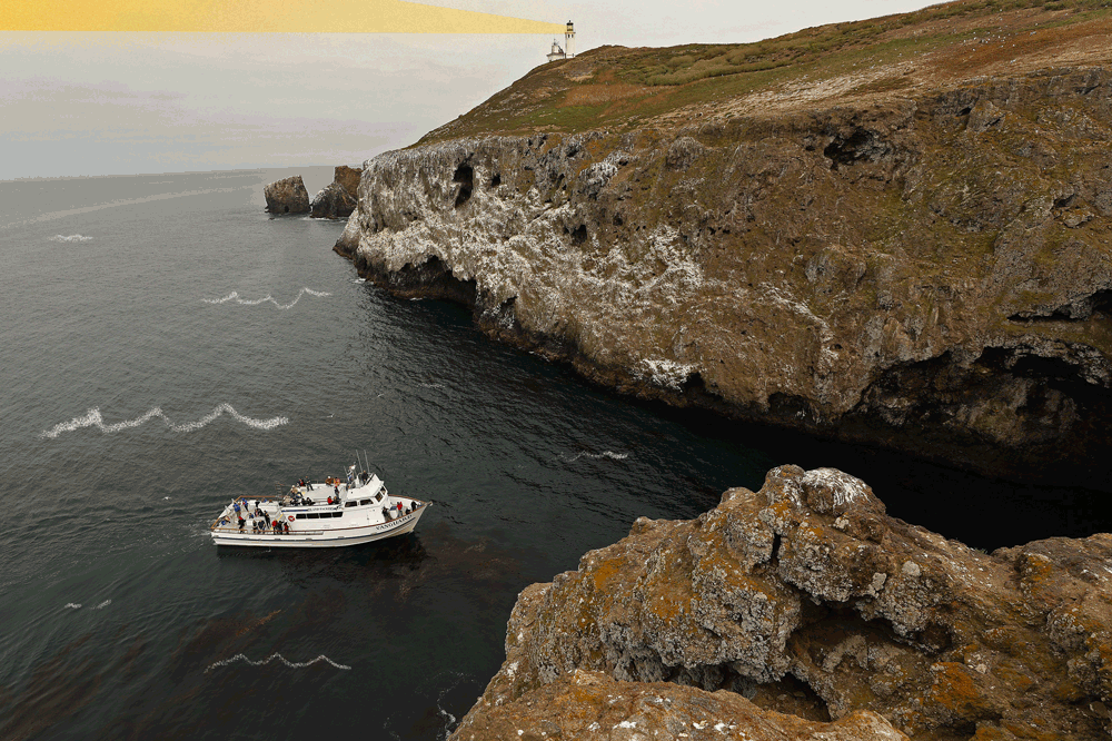 A GIF shows squiggly lines representing waves on the ocean next to rocky cliffs. A lighthouse is in the distance.