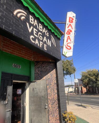 Exterior of Baba's Vegan Cafe.