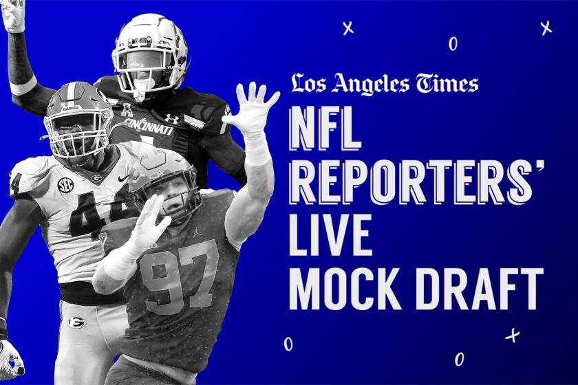Photo illustration of three football players in black and white on top of a blue background with text: "NFL reporters' live mock draft"